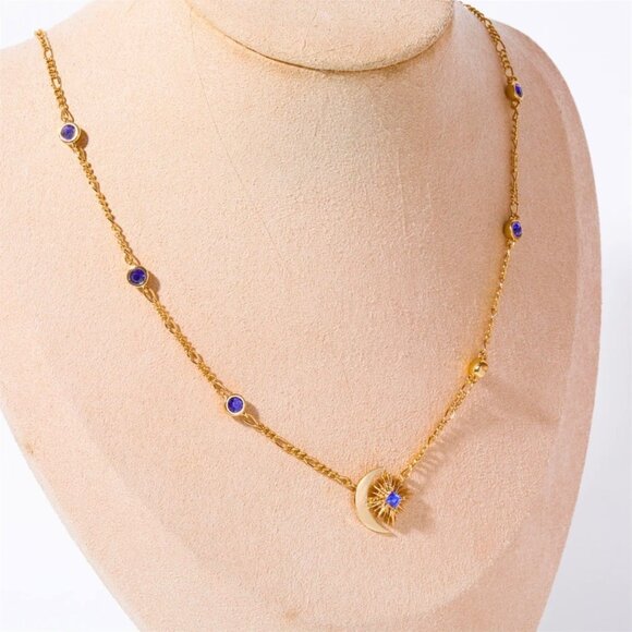 Last Week of Closet! NWT 18K Gold Plated Star Moon Blue Sapphire Necklace 18” - Picture 8 of 16